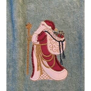 Vintage Christmas Hand Towel Sage Green Victorian Santa Embroidered Fringe 11x16